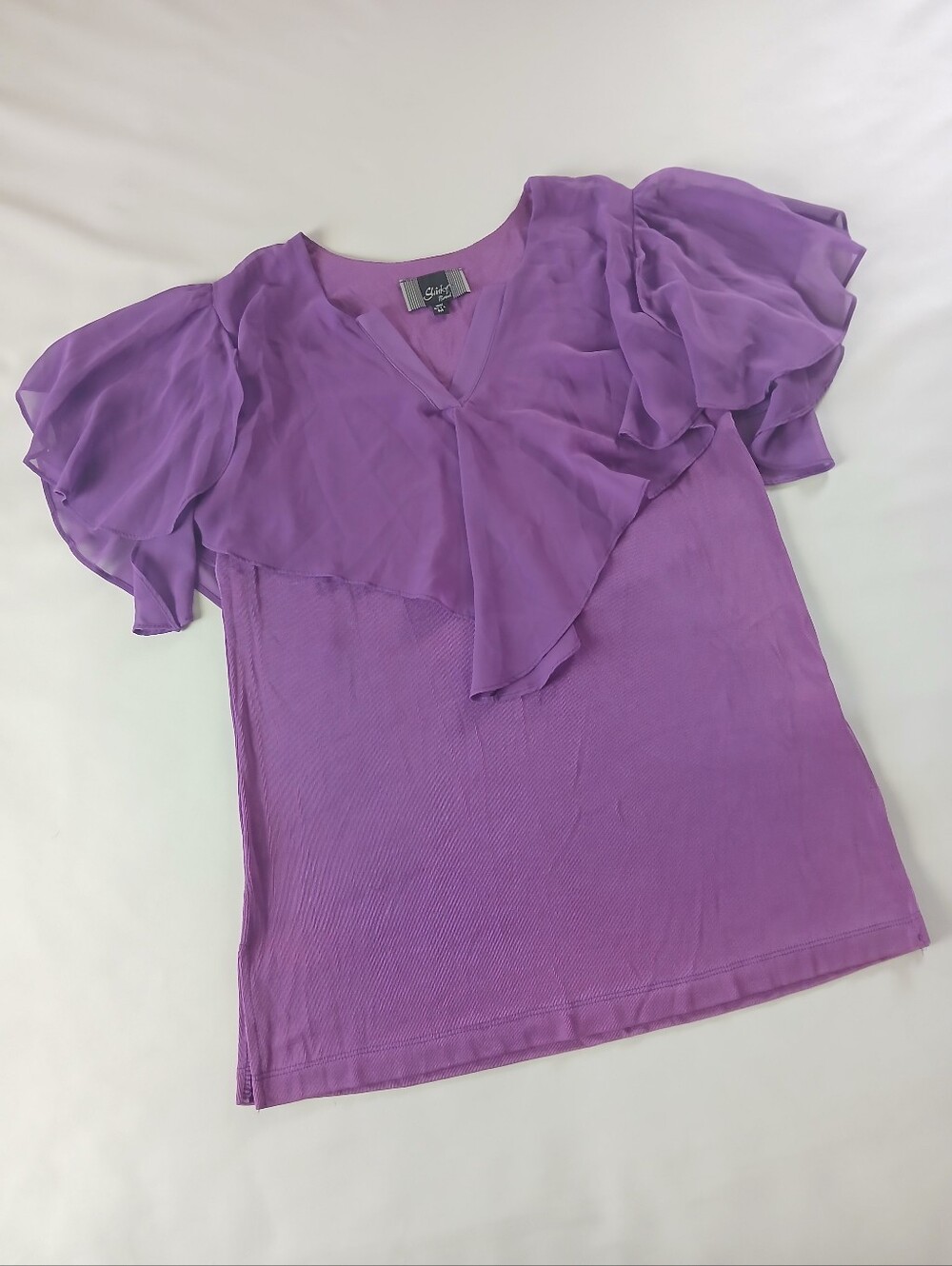 Slinky Purple Ruffled Neckline Short Sleeve V-Neck Blouse Top